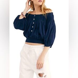 We The Free Dancing Till Dawn Top off shoulder gauzy button front indigo XS